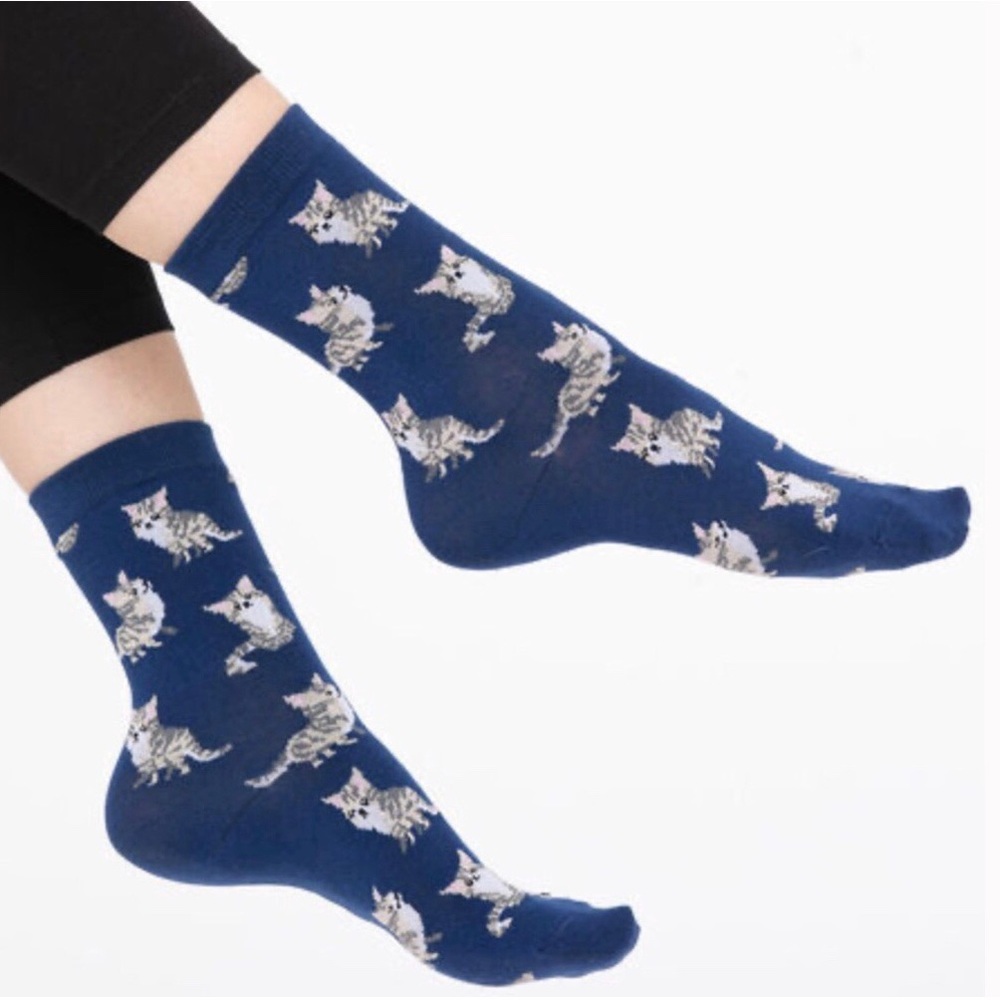Cat / Kitten Crew Socks Blue White Grey NWT